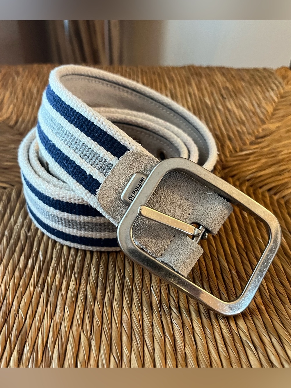 Di Pollini Men’s Striped Canvas Belt Silver Buckle Size 38/40